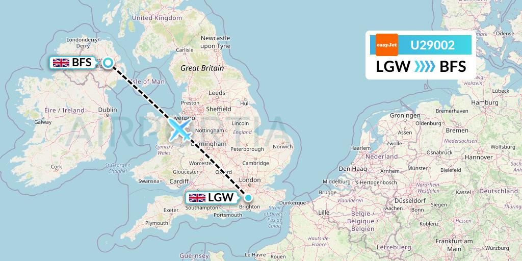 U29002 EasyJet Flight Map: London to Belfast
