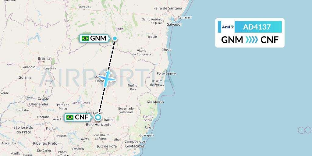 AD4137 Azul Brazilian Airlines Flight Map: Guanambi to Belo Horizonte