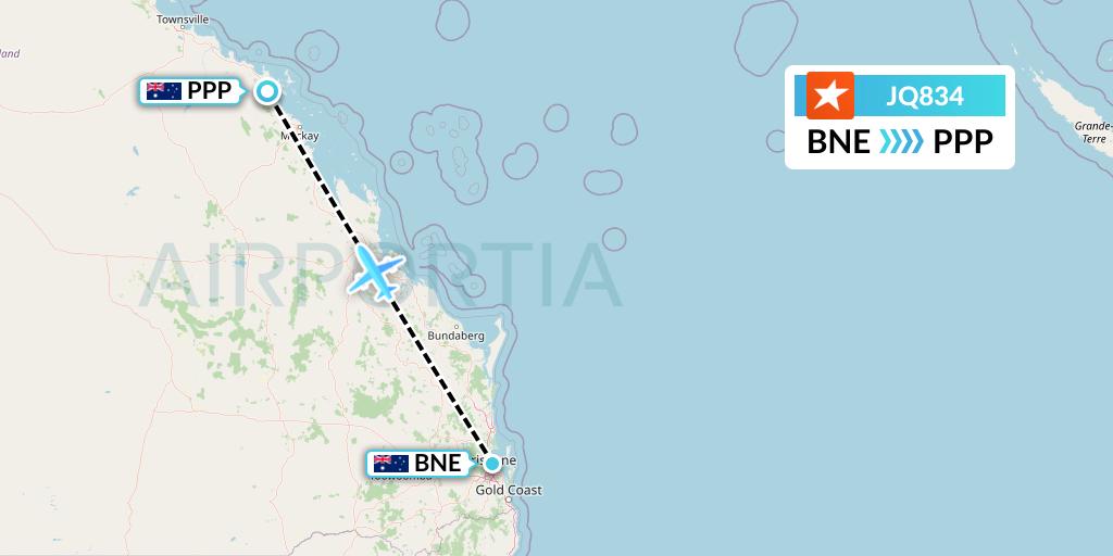 JQ834 Jetstar Airways Flight Map: Brisbane to Proserpine