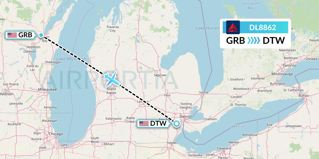 DL8862 Delta Air Lines Flight Map: Green Bay to Detroit