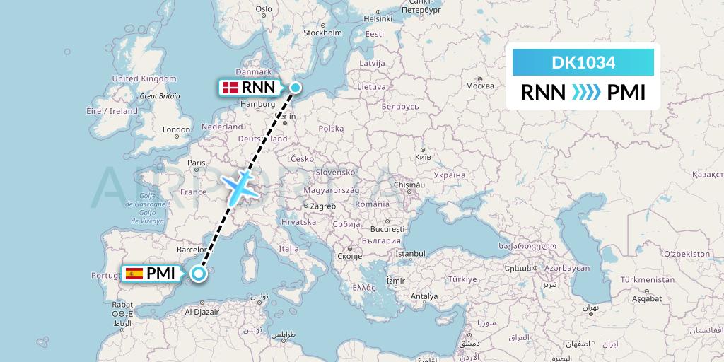 DK1034 Thomas Cook Airlines Scandinavia Flight Map: Ronne to Palma de Mallorca