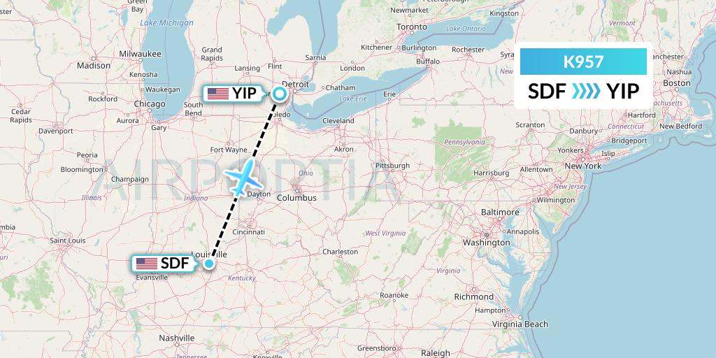 K957 Kalitta Charters Flight Map: Louisville to Detroit