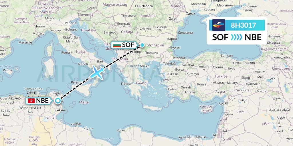8H3017 BH Air Flight Map: Sofia to Enfidha