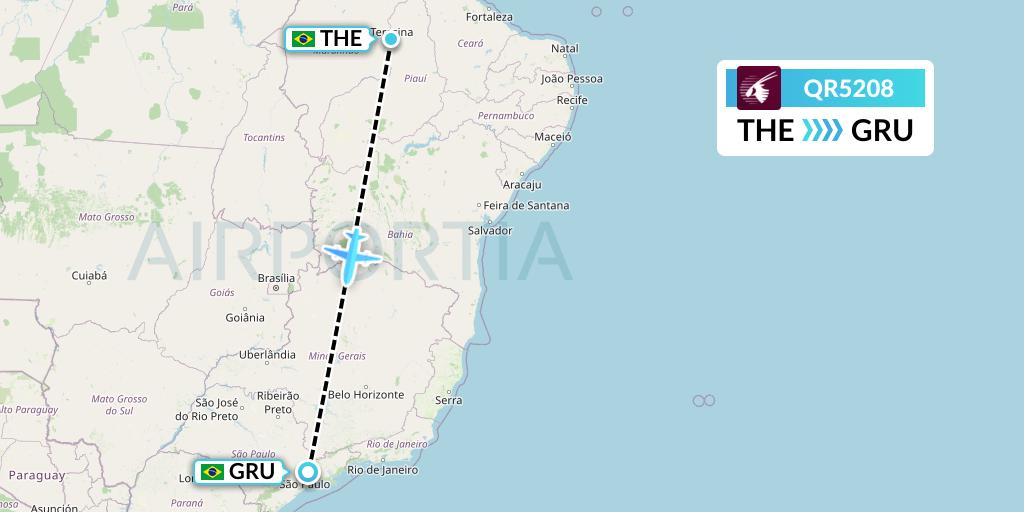 QR5208 Qatar Airways Flight Map: Teresina to Sao Paulo