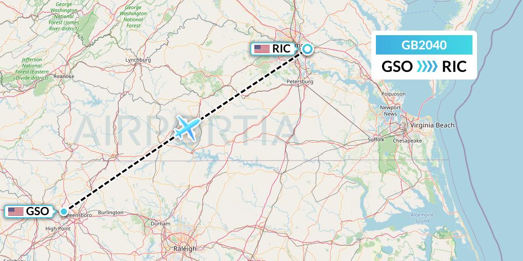 GB2040 ABX Air Flight Map: Greensboro to Richmond