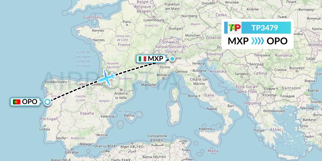 TP3479 TAP Portugal Flight Map: Milan to Porto