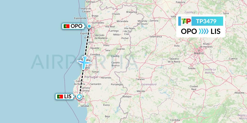 TP3479 TAP Portugal Flight Map: Porto to Lisbon