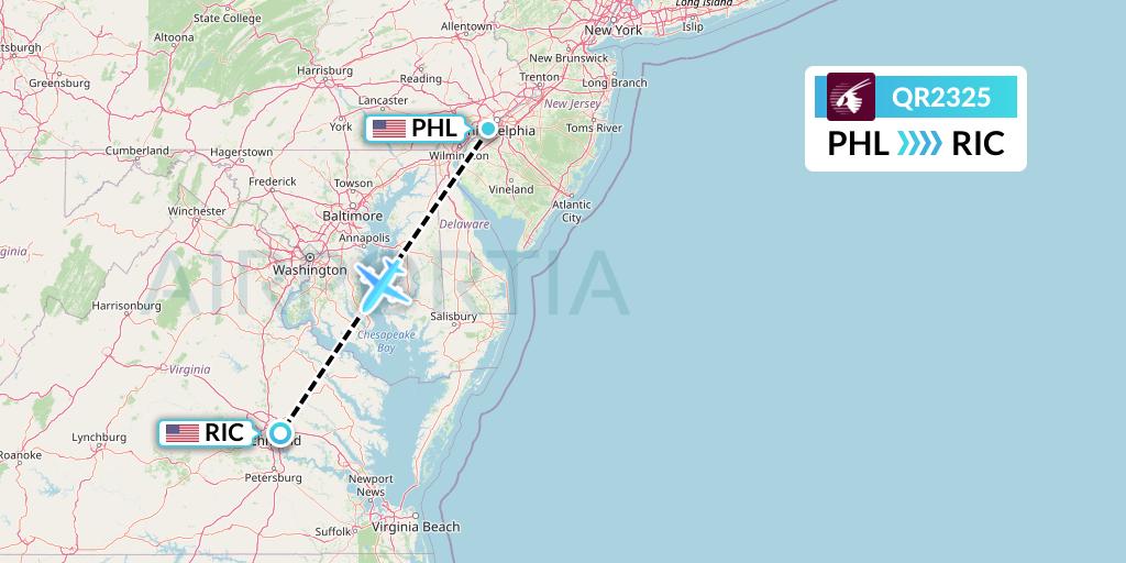 QR2325 Qatar Airways Flight Map: Philadelphia to Richmond