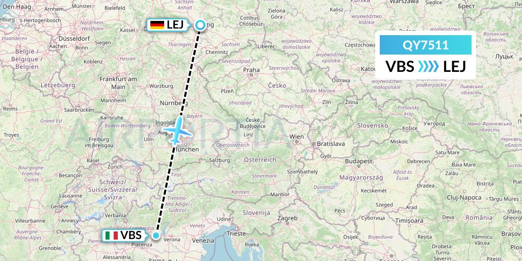 QY7511 European Air Transport Flight Map: Brescia to Leipzig