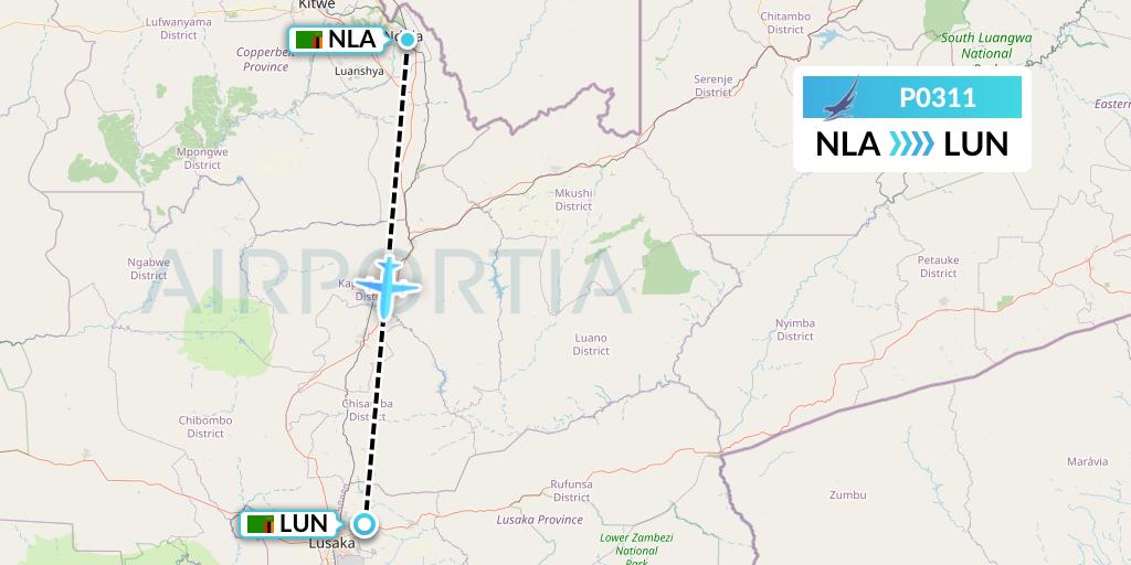 P0311 Proflight Air Services Flight Map: Ndola to Lusaka