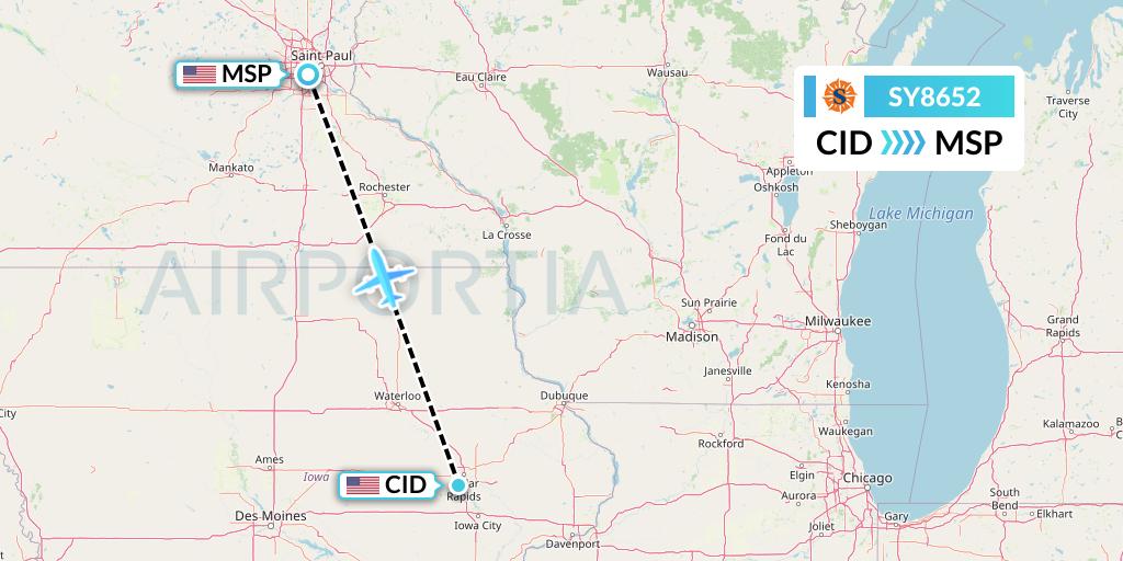 SY8652 Sun Country Airlines Flight Map: Cedar Rapids to Minneapolis