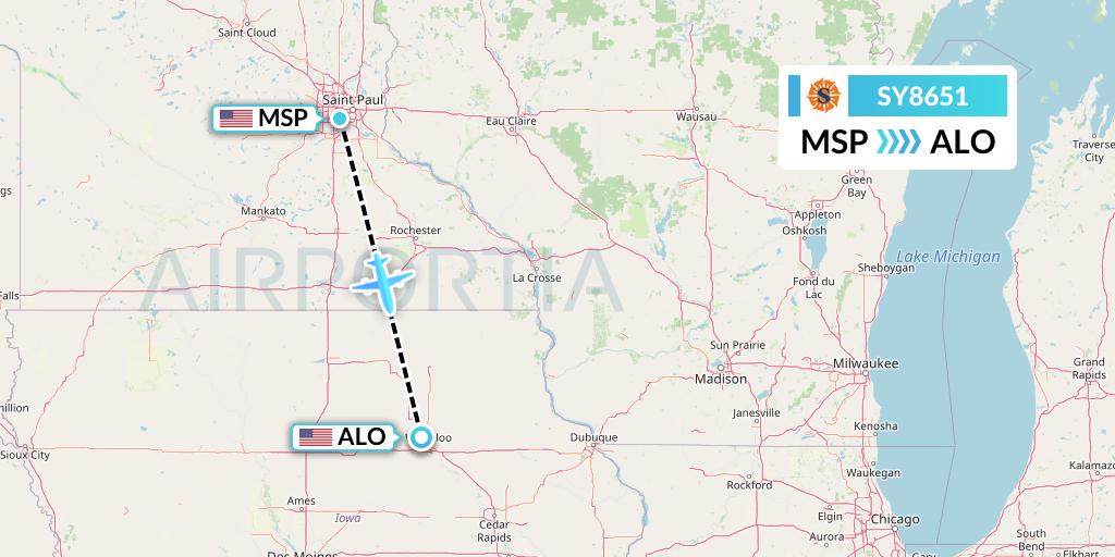 SY8651 Sun Country Airlines Flight Map: Minneapolis to Waterloo