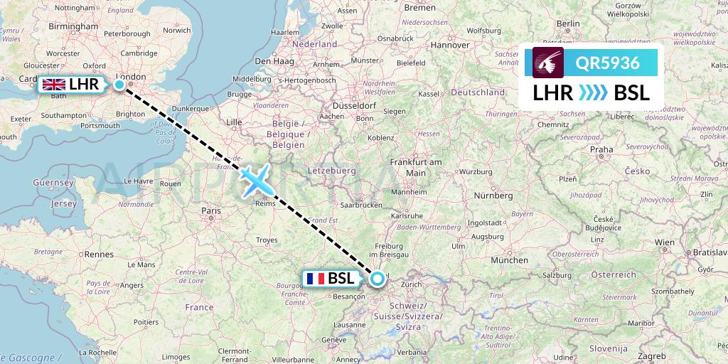 QR5936 Qatar Airways Flight Map: London to Basel