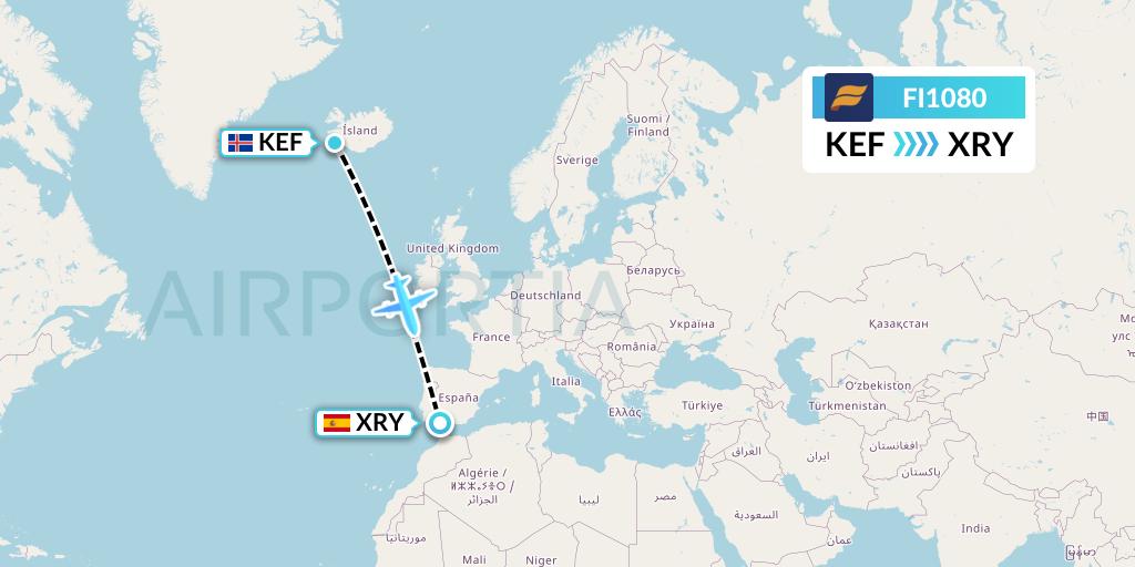 FI1080 Icelandair Flight Map: Reykjavik to Jerez