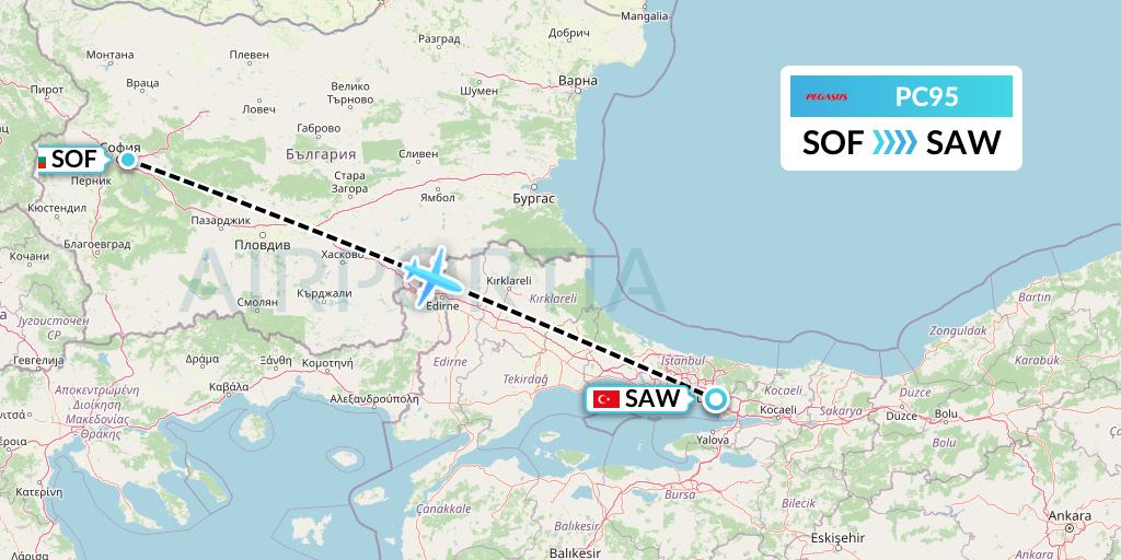 PC95 Pegasus Airlines Flight Map: Sofia to Istanbul