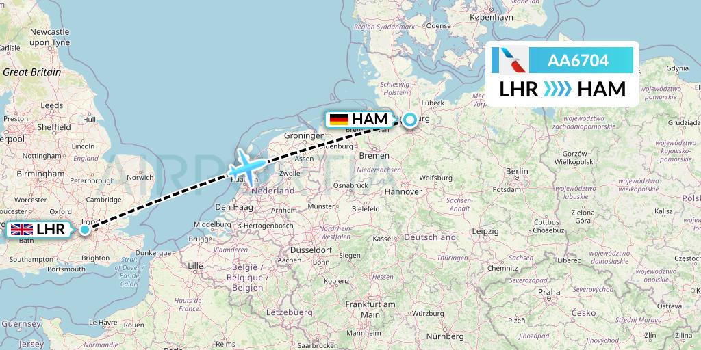 AA6704 American Airlines Flight Map: London to Hamburg