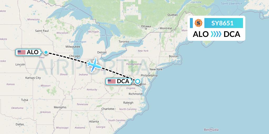 SY8651 Sun Country Airlines Flight Map: Waterloo to Washington