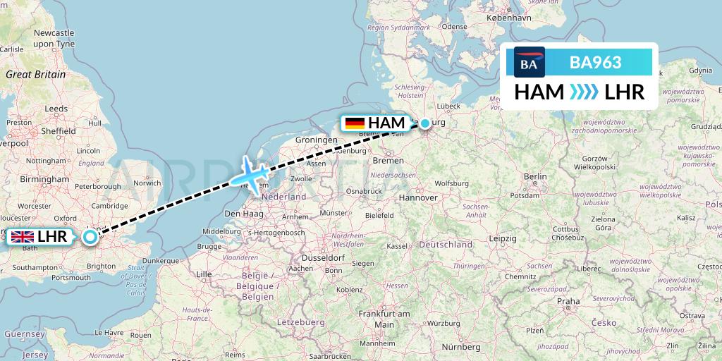 BA963 British Airways Flight Map: Hamburg to London