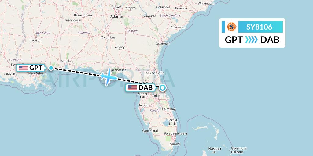 SY8106 Sun Country Airlines Flight Map: Gulfport to Daytona Beach