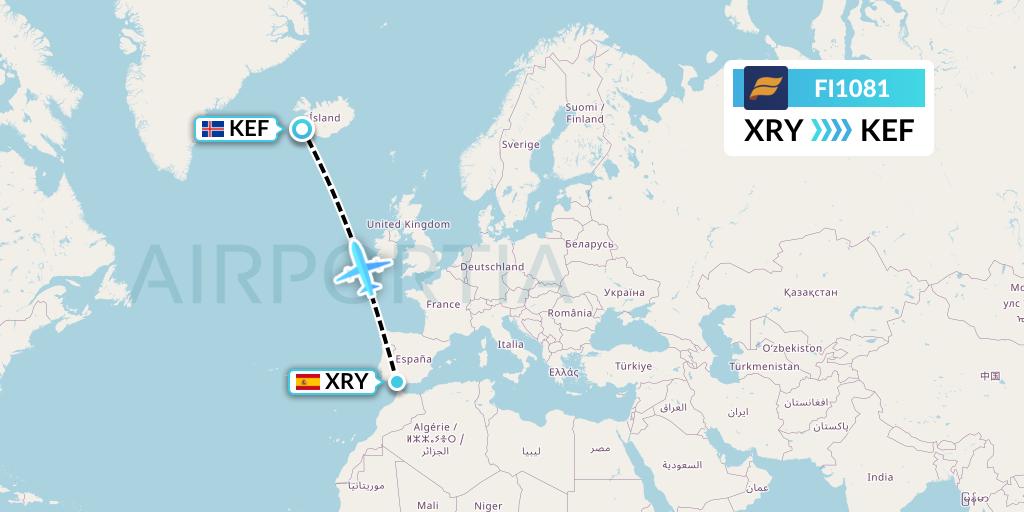 FI1081 Icelandair Flight Map: Jerez to Reykjavik