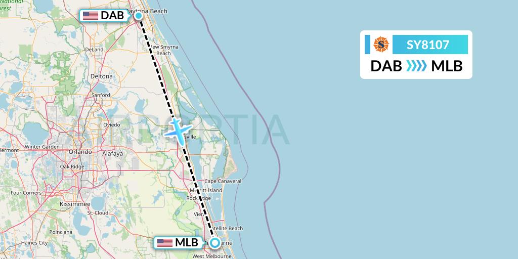 SY8107 Sun Country Airlines Flight Map: Daytona Beach to Melbourne
