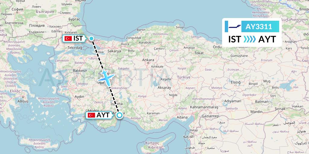 AY3311 Finnair Flight Map: Istanbul to Antalya