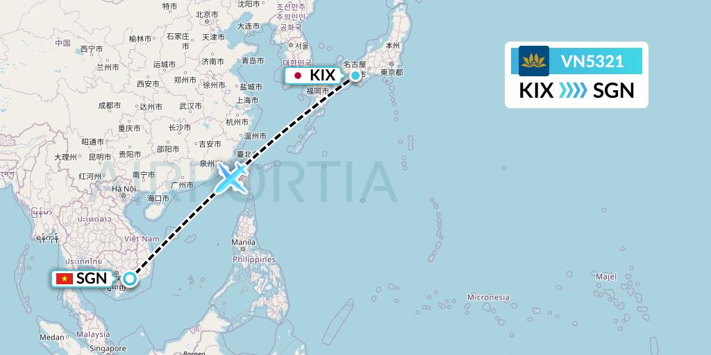 VN5321 Vietnam Airlines Flight Map: Osaka to Ho Chi Minh City
