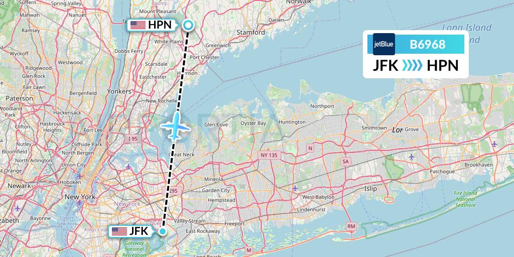 B6968 JetBlue Airways Flight Map: New York to White Plains