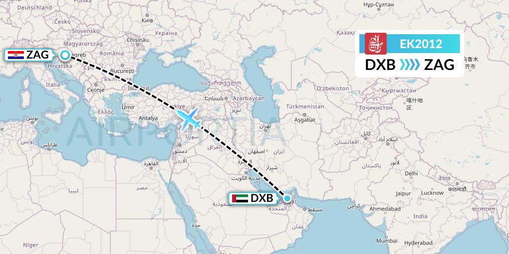 EK2012 Emirates Flight Map: Dubai to Zagreb