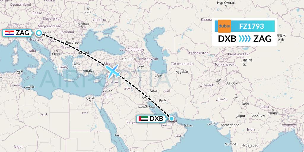 FZ1793 FlyDubai Flight Map: Dubai to Zagreb