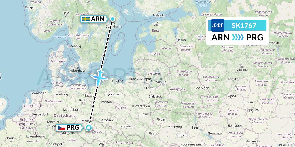 SK1767 SAS Flight Map: Stockholm to Prague