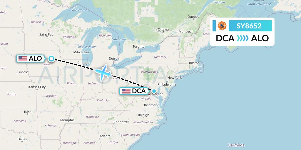 SY8652 Sun Country Airlines Flight Map: Washington to Waterloo