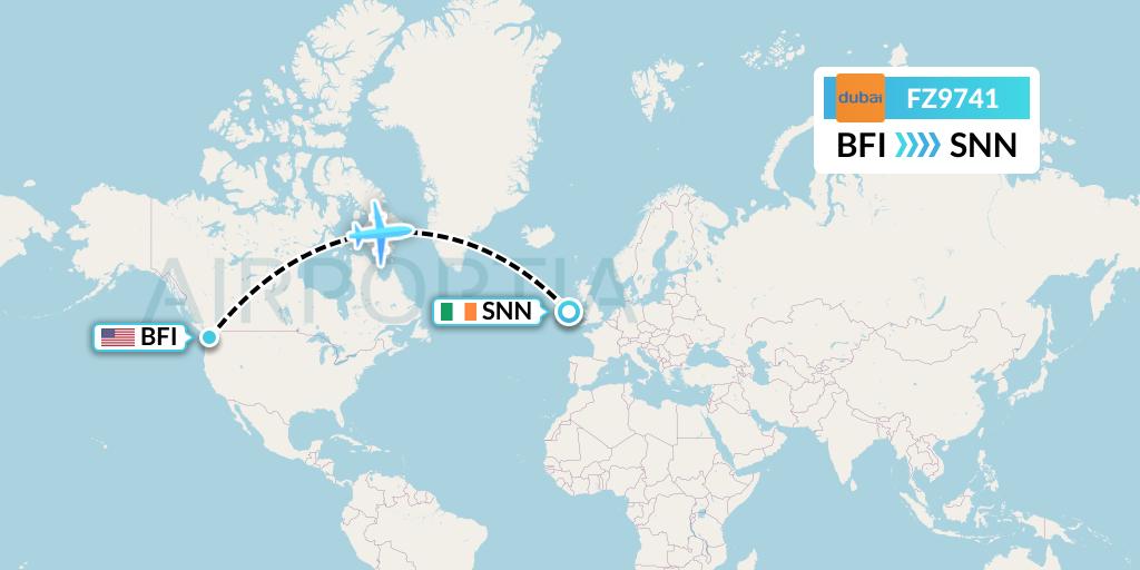 FZ9741 FlyDubai Flight Map: Seattle to Shannon