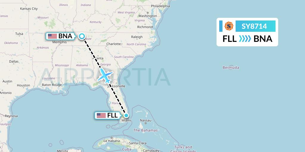 SY8714 Sun Country Airlines Flight Map: Fort Lauderdale to Nashville