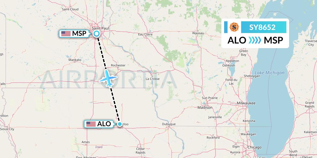 SY8652 Sun Country Airlines Flight Map: Waterloo to Minneapolis