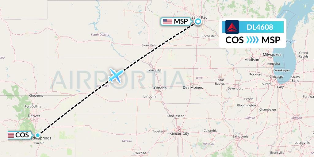 DL4608 Delta Air Lines Flight Map: Colorado Springs to Minneapolis
