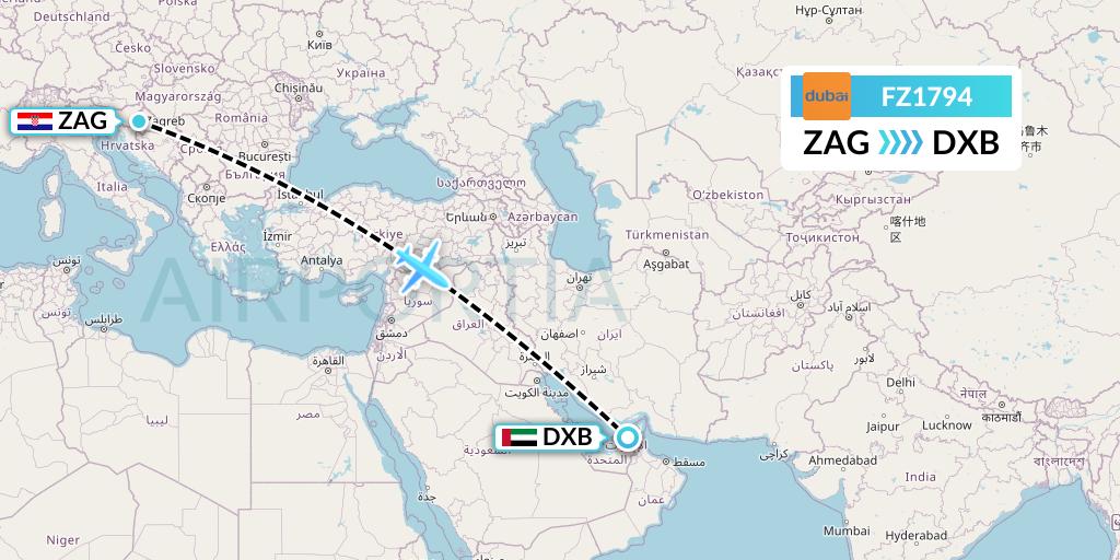 FZ1794 FlyDubai Flight Map: Zagreb to Dubai