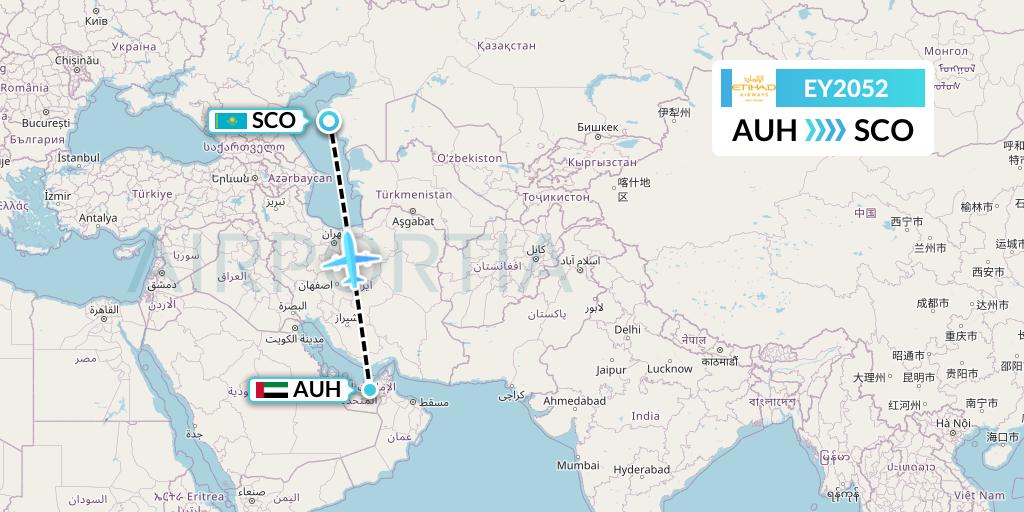 EY2052 Etihad Airways Flight Map: Abu Dhabi to Aktau
