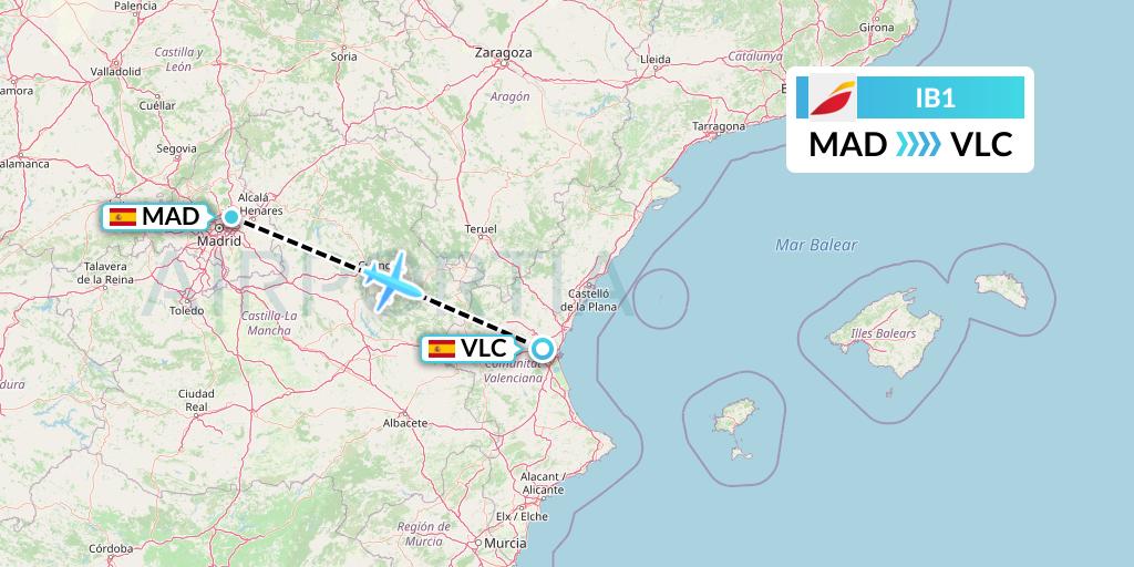 IB1 Iberia Flight Map: Madrid to Valencia
