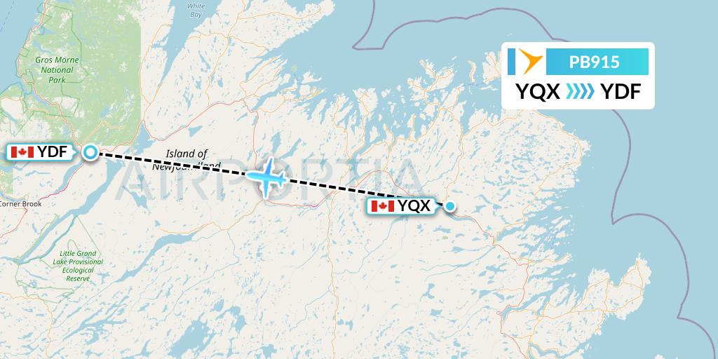 PB915 PAL Airlines Flight Map: Gander to Deer Lake