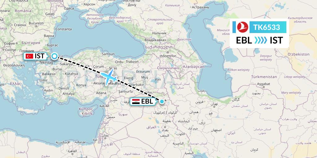 TK6533 Turkish Airlines Flight Map: Arbil to Istanbul