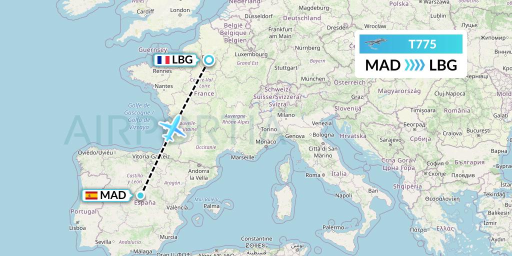 T775 Twin Jet Flight Map: Madrid to Paris