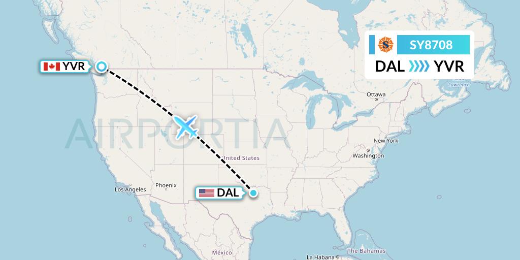 SY8708 Sun Country Airlines Flight Map: Dallas to Vancouver