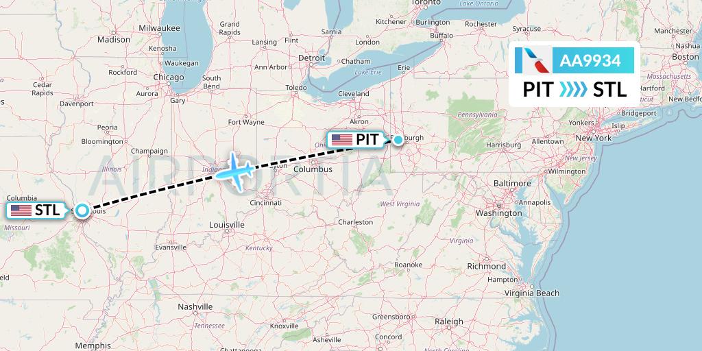 AA9934 American Airlines Flight Map: Pittsburgh to St. Louis