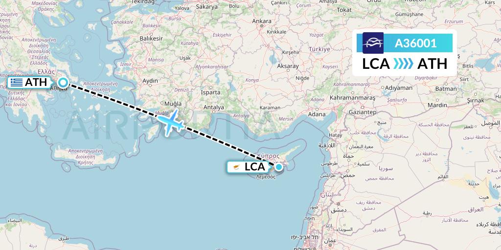 A36001 Aegean Airlines Flight Map: Larnaca to Athens