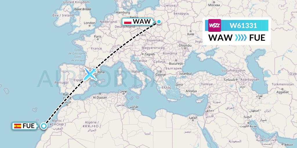 W61331 Wizz Air Flight Map: Warsaw to Fuerteventura