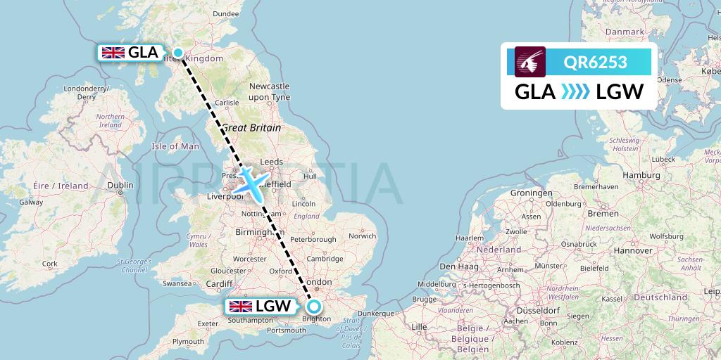 QR6253 Qatar Airways Flight Map: Glasgow to London