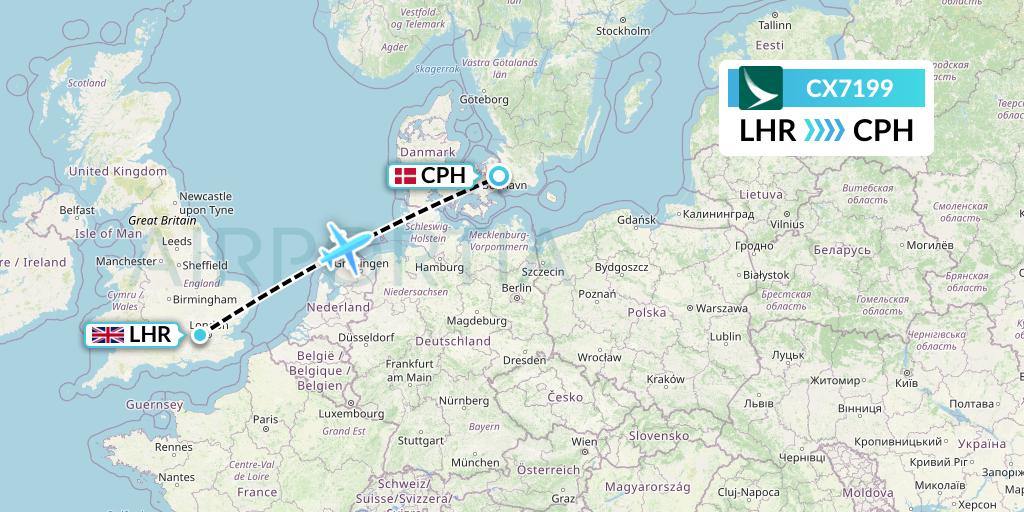 CX7199 Cathay Pacific Flight Map: London to Copenhagen