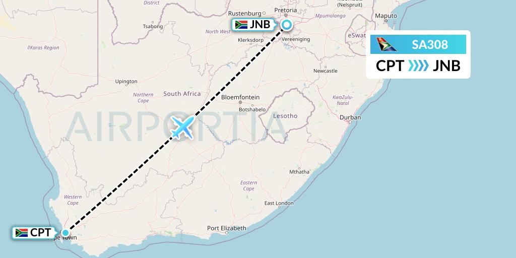 SA308 South African Airways Flight Map: Cape Town to Johannesburg