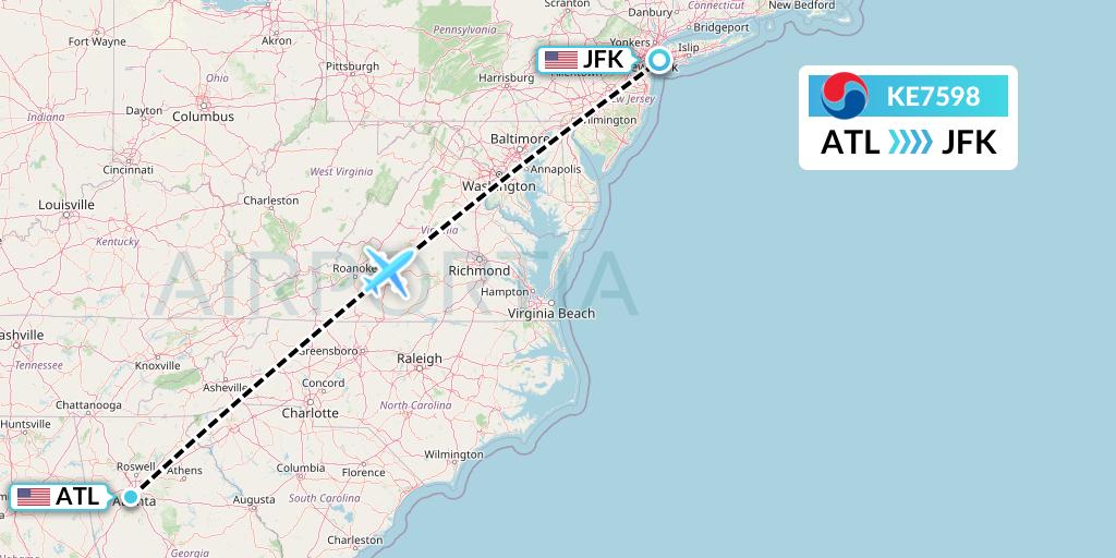 KE7598 Korean Air Flight Map: Atlanta to New York